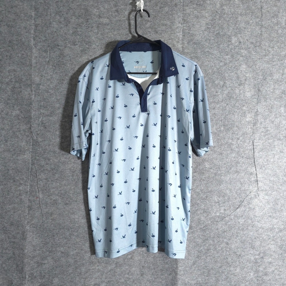 Swannies Golf Polo Shirt Mens Large Blue All Over Print Swan Performances Sports